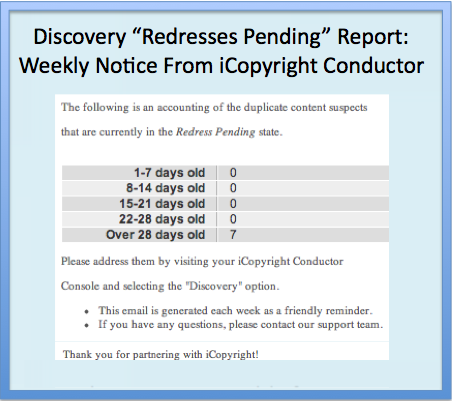 Sample iCopyright Discovery report, showing copyright infringement and duplicate content