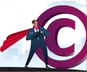 Copyright for websites: superhero standing next to copyright symbol